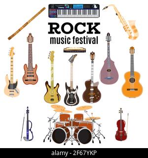 Vector set of rock music instruments, flat design Stock Vector