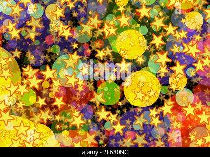 many flying painted stars and rounds backgrounds. abstract dreamy holiday background Stock Photo