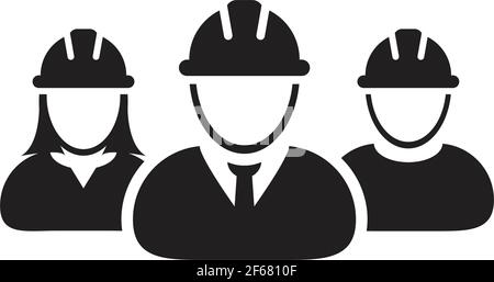 Construction worker icon vector group of contractor people persons profile avatar for team work with hardhat helmet in a glyph pictogram illustration Stock Vector