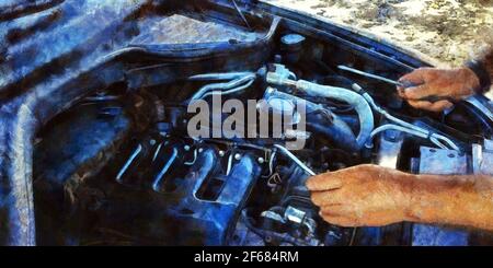 A mechanic repairs a car engine. Close-up. Artistic work on the topic of car repair Stock Photo
