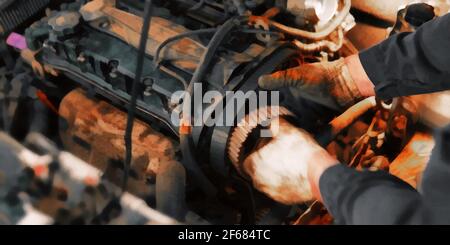 A mechanic repairs a car engine. Artistic work on the topic of car repair Stock Photo
