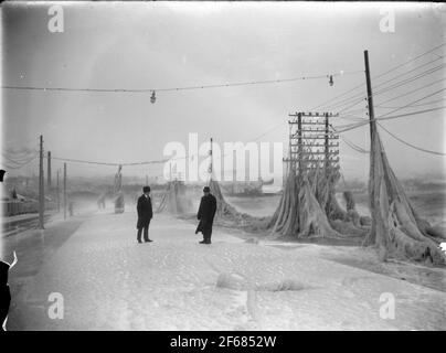 The icing of wires that collapsed down. Stock Photo