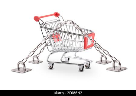 Secure shopping cart and online basket concept. Chained and locked down toy trolley isolated on a white background Stock Photo