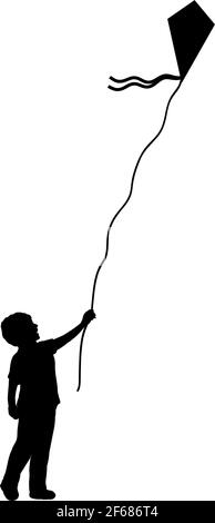 Silhouette little boy flying kite. Illustration graphics icon vector Stock Vector