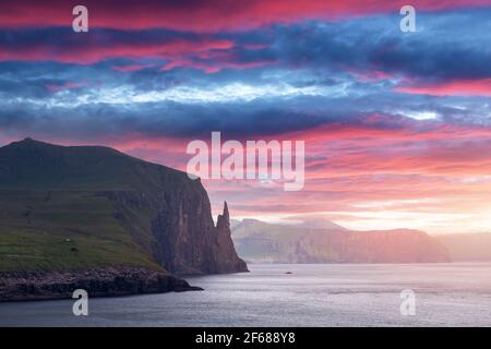 Gorgeous faroese landscape with famous Witches Finger cliffs Stock Photo