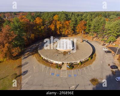 Wilmington town hall aerial view at the town center with fall foliage in Wilmington, Massachusetts, USA. Stock Photo