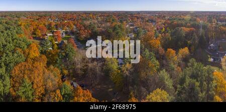 Aerial view of Wilmington historic town center with fall foliage panorama, Wilmington, Massachusetts MA, USA. Stock Photo