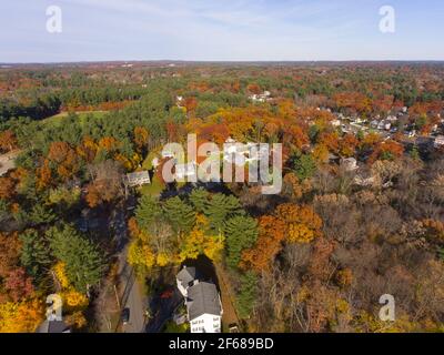 Aerial view of Wilmington historic town center with fall foliage, Wilmington, Massachusetts MA, USA. Stock Photo