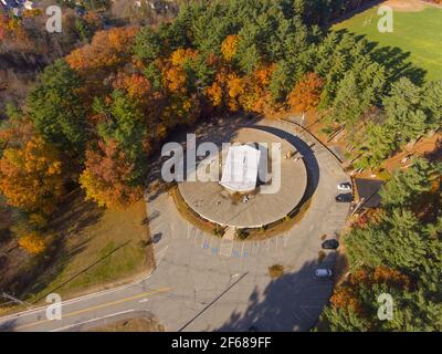 Wilmington town hall aerial view at the town center with fall foliage in Wilmington, Massachusetts, USA. Stock Photo