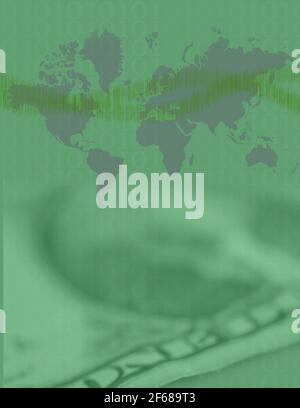 World map and binary code. US dollars on the background. 3D rendering Stock Photo