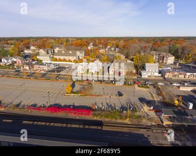 Aerial view of Wilmington historic town center at Main Street and Church Street with fall foliage, Wilmington, Massachusetts MA, USA. Stock Photo