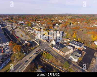 Aerial view of Wilmington historic town center at Main Street and Church Street with fall foliage, Wilmington, Massachusetts MA, USA. Stock Photo