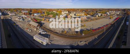 Aerial view of Wilmington historic town center at Main Street with fall foliage panorama, Wilmington, Massachusetts MA, USA. Stock Photo