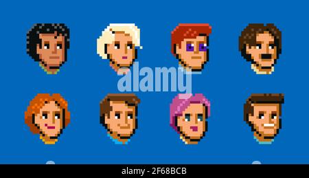 Set of diverse male and female avatars, simple flat cartoon in style pixel art. Cute people faces, icons Stock Vector