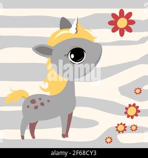 Little baby unicorn. Cheerful kind animal child. Cartoons flat style. Funny. Vector Stock Vector