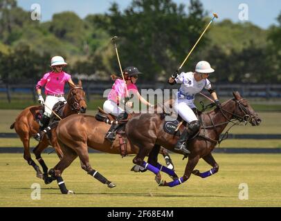 DUNDAS VS ICONICA 2021 WOMENS POLO CHAMPIONSHIPS, held in Port Mayaca, Florida, March 10, 2021.  Team Dundas: Nina Clarkin, Hope Arelano, Sarah Siegel Magness Photo by Jennifer Graylock-Graylock.com 917-519-7666 Stock Photo