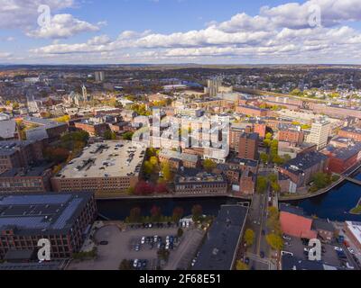 Lowell historic downtown, Canal, Marrimack River and historic Mills aerial view in fall in Lowell, Massachusetts, MA, USA. Stock Photo