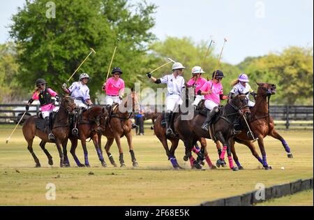 DUNDAS VS ICONICA 2021 WOMENS POLO CHAMPIONSHIPS, held in Port Mayaca, Florida, March 10, 2021.  Team Dundas: Nina Clarkin, Hope Arelano, Sarah Siegel Magness Photo by Jennifer Graylock-Graylock.com 917-519-7666 Stock Photo