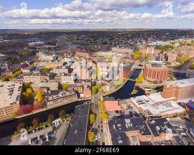 Lowell historic downtown, Canal, Marrimack River and historic Mills aerial view in fall in Lowell, Massachusetts, MA, USA. Stock Photo