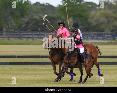 DUNDAS VS ICONICA 2021 WOMENS POLO CHAMPIONSHIPS, held in Port Mayaca, Florida, March 10, 2021.  Team Dundas: Nina Clarkin, Hope Arelano, Sarah Siegel Magness Photo by Jennifer Graylock-Graylock.com 917-519-7666 Stock Photo