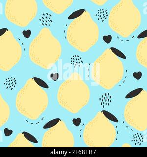 Hand drawn yellow lemon on turquiose blue background. Fresh summer seamless pattern. Cute fruit doodle print. Texture for  your design Stock Vector
