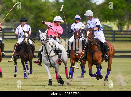 DUNDAS VS ICONICA 2021 WOMENS POLO CHAMPIONSHIPS, held in Port Mayaca, Florida, March 10, 2021.  Team Dundas: Nina Clarkin, Hope Arelano, Sarah Siegel Magness Photo by Jennifer Graylock-Graylock.com 917-519-7666 Stock Photo