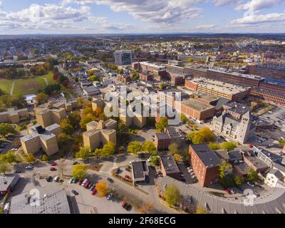 Lowell historic downtown, Canal, Marrimack River and historic Mills aerial view in fall in Lowell, Massachusetts, MA, USA. Stock Photo