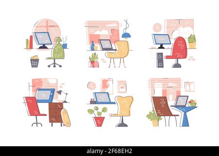 Collection of empty modern workplaces vector illustrations Stock Vector