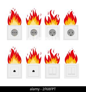 The concept of short circuit in the socket. electric fire. Flame from sockets in a flat style. Electrical connection to overload. Design isolated on w Stock Vector
