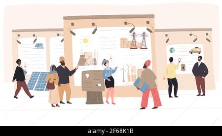 Cartoon flat visitors and workers characters at exhibition,vector illustration Stock Vector