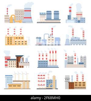 Factory buildings. Eco power plants with solar panels and windmill, chemical manufacturing and industrial complex. Flat factories vector set Stock Vector