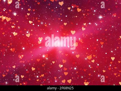 lots of painted hearts on a starry background. glow white flash in center Stock Photo