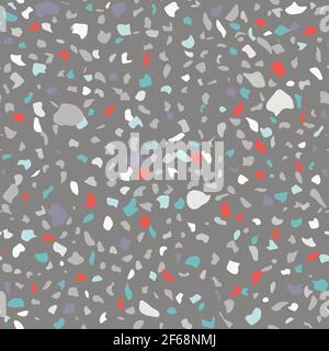 Vector seamless terrazzo pattern. Marble mosaic flooring with natural stones, granite, concrete. Dark grey background, red, turquoise, blue colors Stock Vector