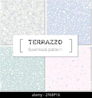 Vector set of seamless terrazzo abstract pattern. Marble mosaic flooring with natural stones, granite, concrete. Light pastel colors Stock Vector