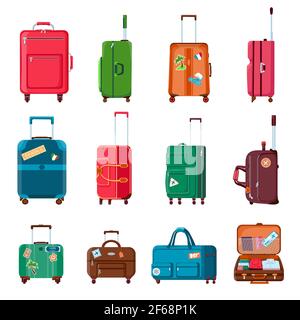 Travel suitcases. Backpacks, bags, plastic or metal open suitcase with wheels. Cartoon tourist baggage with sticker. Hand luggage vector set Stock Vector