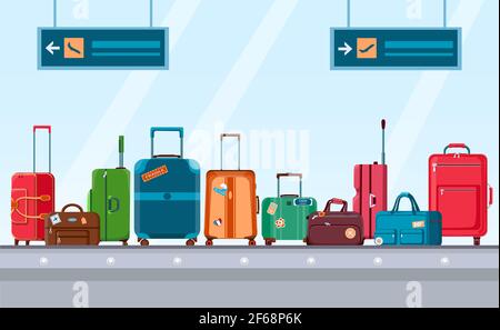 Airport conveyor belt with luggage. Carousel system with travel suitcases and bags with stickers. Cartoon baggage claim area vector concept Stock Vector