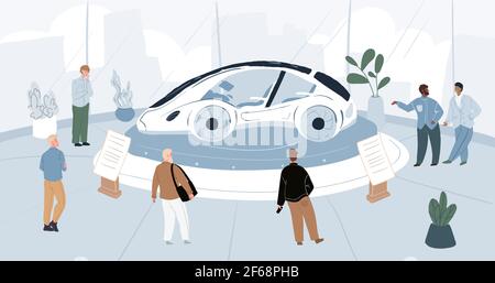 Cartoon flat visitors and workers characters at exhibition,vector illustration Stock Vector