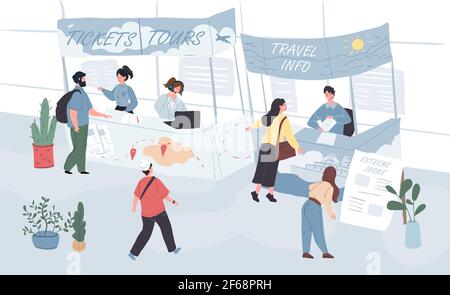 Cartoon flat visitors and workers characters at exhibition,vector illustration Stock Vector