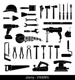 Working hand tools silhouette. Construction and home repair toolkit logo icons. Workshop hardware, drill, hammer, saw and wrench, vector set Stock Vector