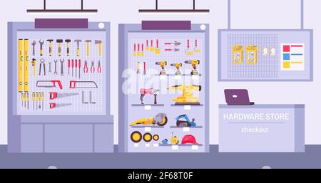 Hardware store interior. Shop with counter, shelves with assortment, instruments for home repair. Construction tools offer vector concept Stock Vector