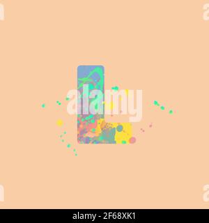 Letter L with multicolored mixed spots of pink, yellow, blue, turquoise paint on peach background. Design for banners, flyers, tags, decorations, post Stock Vector