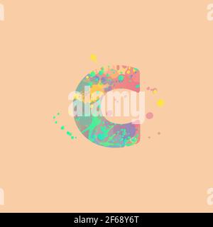 Letter C with multicolored mixed spots of pink, yellow, blue, turquoise paint on peach background. Design for banners, flyers, tags, decorations, post Stock Vector