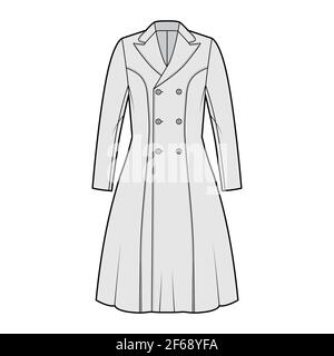 Princess line coat technical fashion illustration with double breasted, fitted body, long sleeves, peak lapel collar, knee length. Flat jacket template front, grey color style. Women, men, CAD mockup Stock Vector