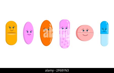 Cute pills characters isolated on white background. Set of tablets and capsules icons with funny faces. Medicine and healthcare for kids. Vector cartoon illustration. Stock Vector