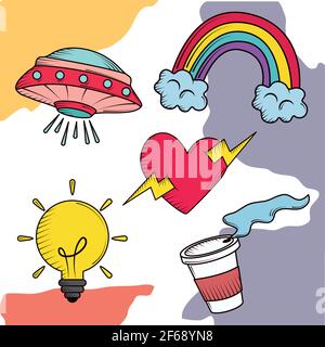 funny rainbow heart ufo doodles Stock Vector