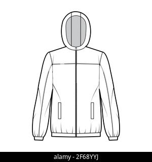 Windbreaker jacket technical fashion illustration with hood, oversized, long sleeves, welt pockets, zip-up opening. Flat coat template front, white color style. Women, men, unisex top CAD mockup Stock Vector