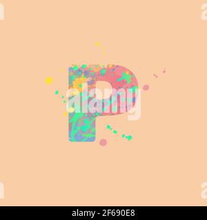 Letter P with multicolored mixed spots of pink, yellow, blue, turquoise paint on peach background. Design for banners, flyers, tags, decorations, post Stock Vector