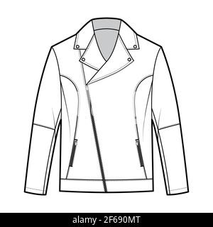 Zip-up biker jacket technical fashion illustration with oversized, asymmetrical zip front fold-over lapels collar, long sleeves, welt pocket. Flat coat template white color style. Women men CAD mockup Stock Vector