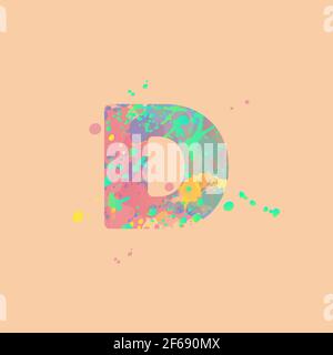 Letter D with multicolored mixed spots of pink, yellow, blue, turquoise paint on peach background. Design for banners, flyers, tags, decorations, post Stock Vector