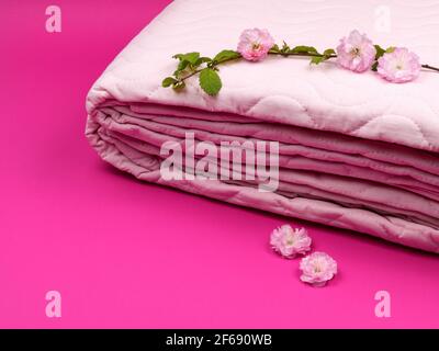 Pink plaid and a flowering sprig of almonds close-up. Stock Photo